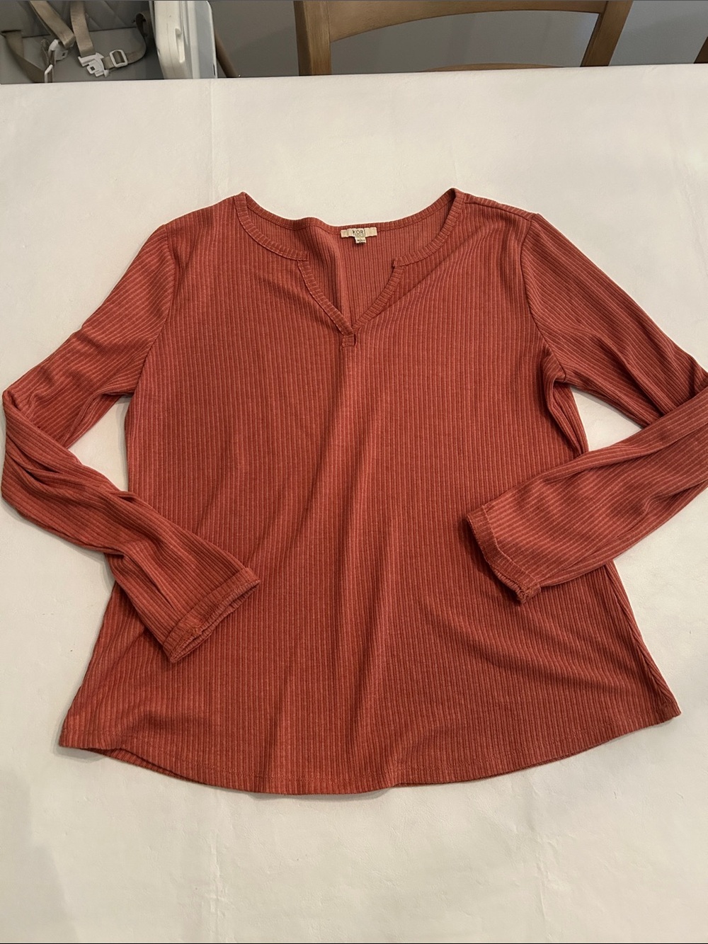 Kori Ribbed Notch-Neck Long Sleeve Top - Rusty Orange